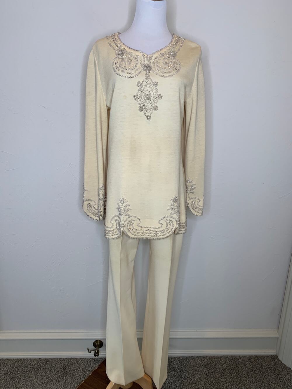 Vintage Beaded Wool Set Tunic Pants FLAWS Sz 32" Waist Virgin Wool